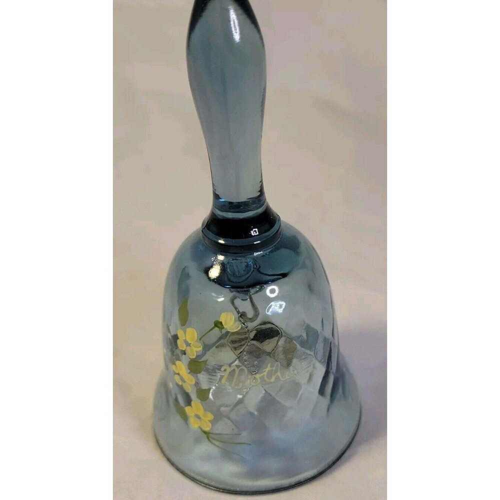 Fenton‎ Art Glass Blue Bell w/ Florals And Mother Hand Painted by Artist Freda H